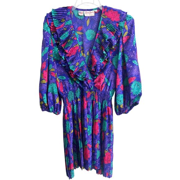 Susan Freis VTG 80s Floral Ruffed Smocked Waist Polyester Midi Dress Size M - Picture 1 of 8